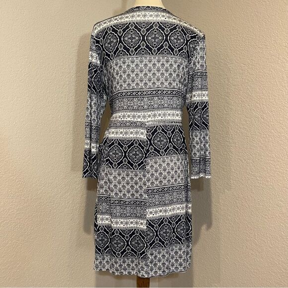 Navy Blue & White Boho Print Wrap Style Long Sleeve Dress Size L Made in USA - Picture 5 of 12